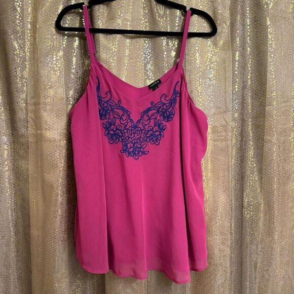 Torrid Sophie Hot Pink Blue Floral Embroidered Chiffon Tank Top 0 Large - Picture 1 of 7